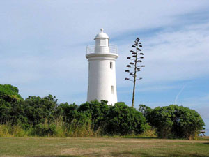 Leuchtturm am Mersey Bluff. Rundum befinden sich zahlreiche Gravuren im Gel&auml;nde